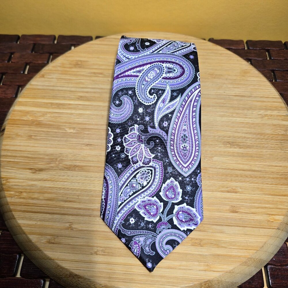 STAFFORD Performance Purple Black Paisley Silk Tie Trendy Work Pleasure